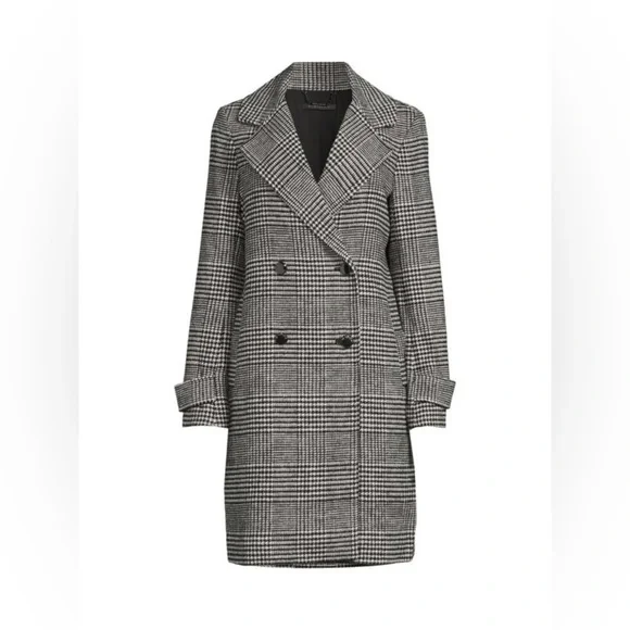 Elie Tahari / Wool Blend Black White Houndstooth plaiddouble breasted coat XS